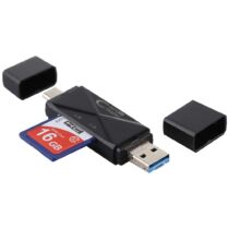 USB 3.0 / USB-C / micro USB csatlakozású memóriakártya író-olvasó, fekete