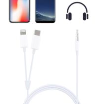 Jack 3.5mm (bemenet) - Apple/Iphone lightning - USB-C (kimenet) átalakító audio kábel, 1m, fehér
